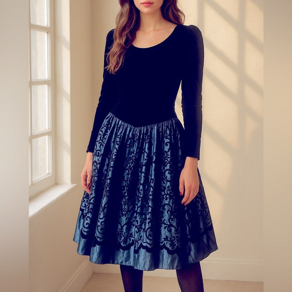VINTAGE Jessica McClintock Black Velvet Bodice Taffeta Blue Skirt 4